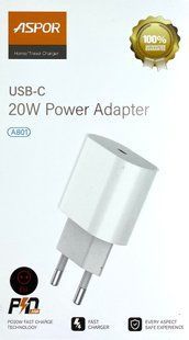 Мережевий зарядний пристрій Aspor A801 (1USB-C/20W PD)- білий 51378 фото