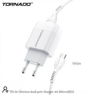 Мережевий зарядний пристрій Tornado TD-16 (2USB/2.4A/1м) + USB кабель Micro- білий 844488 фото