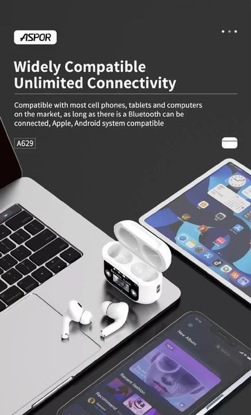 Bluetooth навушники Aspor A629 ANC Earbuds with Touch Screen- білий 51585 фото