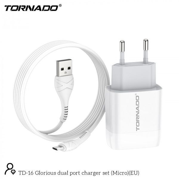 Мережевий зарядний пристрій Tornado TD-16 (2USB/2.4A/1м) + USB кабель Micro- білий 844488 фото