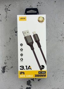 USB кабель Aspor AC-26XL Lightning 3.1A/3м Textile- чорний 51659 фото