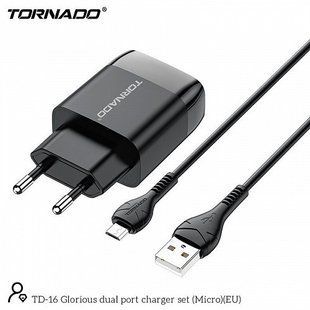 Мережевий зарядний пристрій Tornado TD-16 (2USB/2.4A/1м) + USB кабель Micro- чорний 844489 фото
