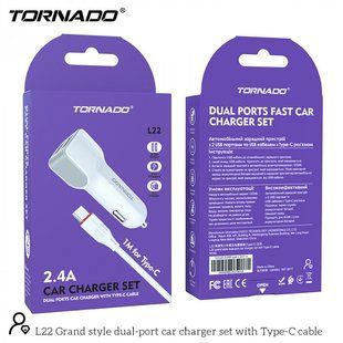 Автомобильное зарядное устройство Tornado L-22 (2USB/2.4A/1м) + USB кабель Type-C-белый 849158 фото