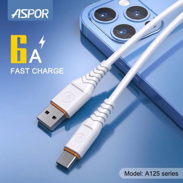 USB кабель Aspor A125 Micro Quick Charge 6A/1м-белый 910295 фото