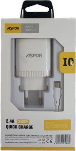 Сетевое зарядное устройство для Aspor A811 (2USB/2.4A) + USB кабель Micro- белый 925111 фото