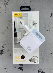 Мережевий зарядний пристрій Aspor A839 PD (USB/USB-C/5A/45W)- білий 40201974 фото