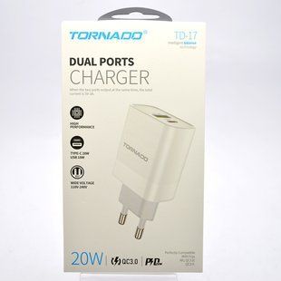 Мережевий зарядний пристрій Tornado TD-17 (USB-C/20W PD+QC3.0)- білий 844558 фото