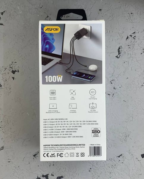 Сетевое зарядное устройство для Aspor A837 100W PD Gan(2UCB-C+USB)- черный 51540 фото