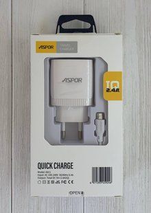 Сетевое зарядное устройство для Aspor A811 (2USB/2.4A) +USB кабель Lighting- белый 925109 фото