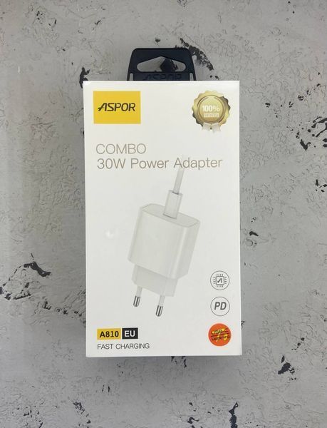 Сетевое зарядное устройство для Aspor A810 (USB-C/PD 30W)+ кабель Type-C to Lightning- белый 51745 фото