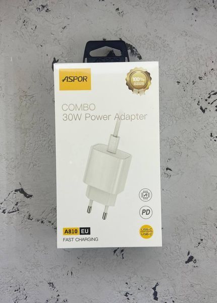 Мережевий зарядний пристрій Aspor A810 (USB-C/PD 30W)+ кабель Type-C to Type-C- білий 51744 фото