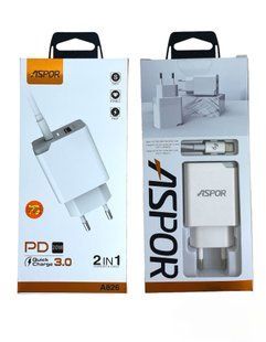 Сетевое зарядное устройство для Aspor A826 PD (USB/USB-C/3A/20W) + кабель Type-C-Lightning- белый 925079 фото