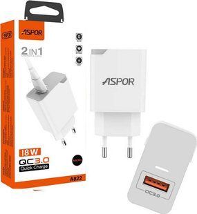 Сетевое зарядное устройство для Aspor A822 Fast Charger (18W QC3.0 1USB/3A) +USB кабель Micro- белый 925077 фото