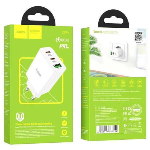 Сетевое зарядное устройство Hoco C99A PD 20W QC 3.0 (USB+2USB-C)- белый 40200080 фото