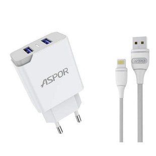 Сетевое зарядное устройство для Aspor A823 (2USB/2.4A) +USB кабель Lightning- белый 925094 фото
