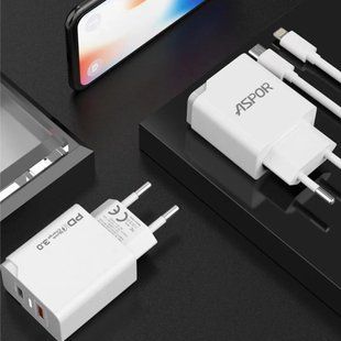 Сетевое зарядное устройство для Aspor A826 PD + QC Fast Charger + USB кабель Type-C- белый 925084 фото