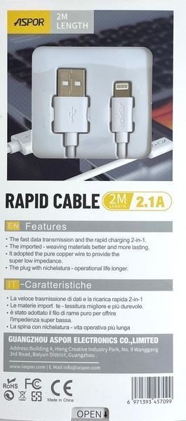 USB кабель Aspor A172 Plus Lightning (2.1A/2m) - белый 51386 фото