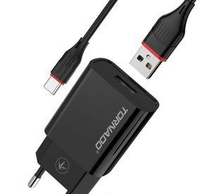 Мережевий зарядний пристрій Tornado TD-14 (1USB/2.4A/1м) + USB кабель Type-C- чорний 844482 фото