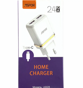 Сетевое зарядное устройство для Aspor A828 Econom пак (2USB/2.4A) +USB кабель Type-C- белый 925090 фото