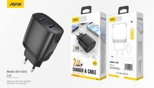 Мережевий зарядний пристрій Aspor A811 (2USB/2.4A) + USB кабель Micro- чорний 925112 фото