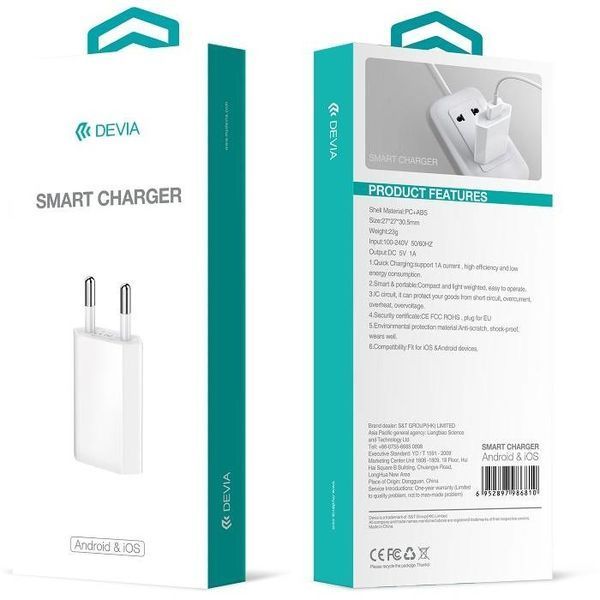Мережевий зарядний пристрій DEVIA EU (5V/2.1A/1USB) +USB кабель Type-C- білий 844554 фото