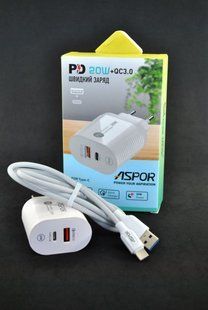 Сетевое зарядное устройство Aspor PD002 Premium Series (USB-C/USB QC 3.0/PD 20W) +USB кабель Type-C-белый 925106 фото