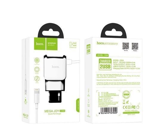 Мережевий зарядний пристрій Hoco C59A (2USB/2.4A) з цільним кабелем Lightning- білий 1058011001 фото