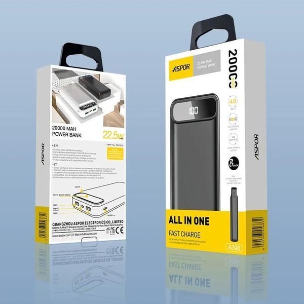 Power Bank Aspor A396 PD 20000mAh (22.5W/PDUSB-C laptops fast charging)- чорний 900122 фото
