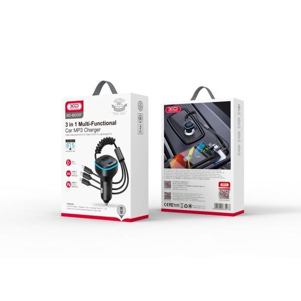FM модулятор (трансмітер) XO BCC07 Smart з кабелем 3in1 5V 3.1A з дісплеєм - чорний 51305 фото